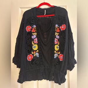 Free People Black Embroidered Floral Women's Top with Lace Detailing